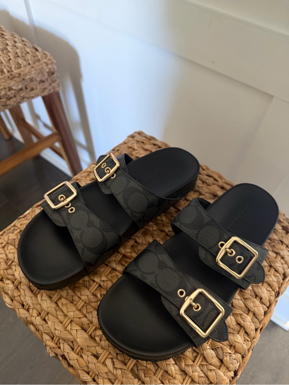 Women’s Black Buckle Slide Sandals with Gold Hardware